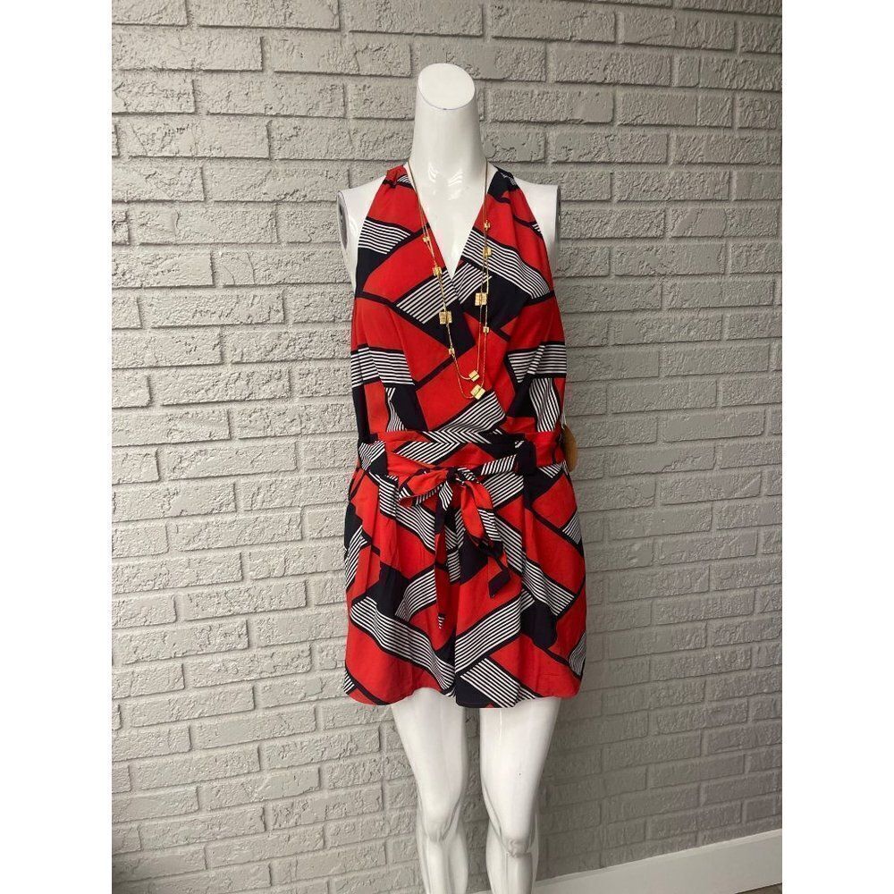 Feel In Los Angeles Women Red Multicolored Halter Romper Size L NWT